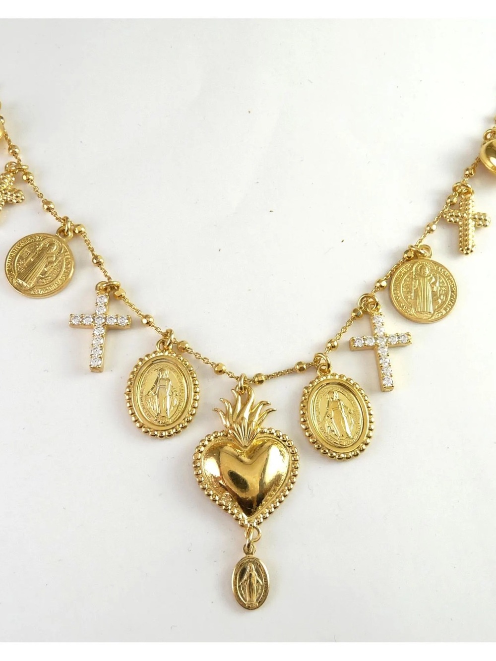 Gold Sacred Heart Charm Necklace with Coin and Crystal Cross Pendants - Picture 4 of 9